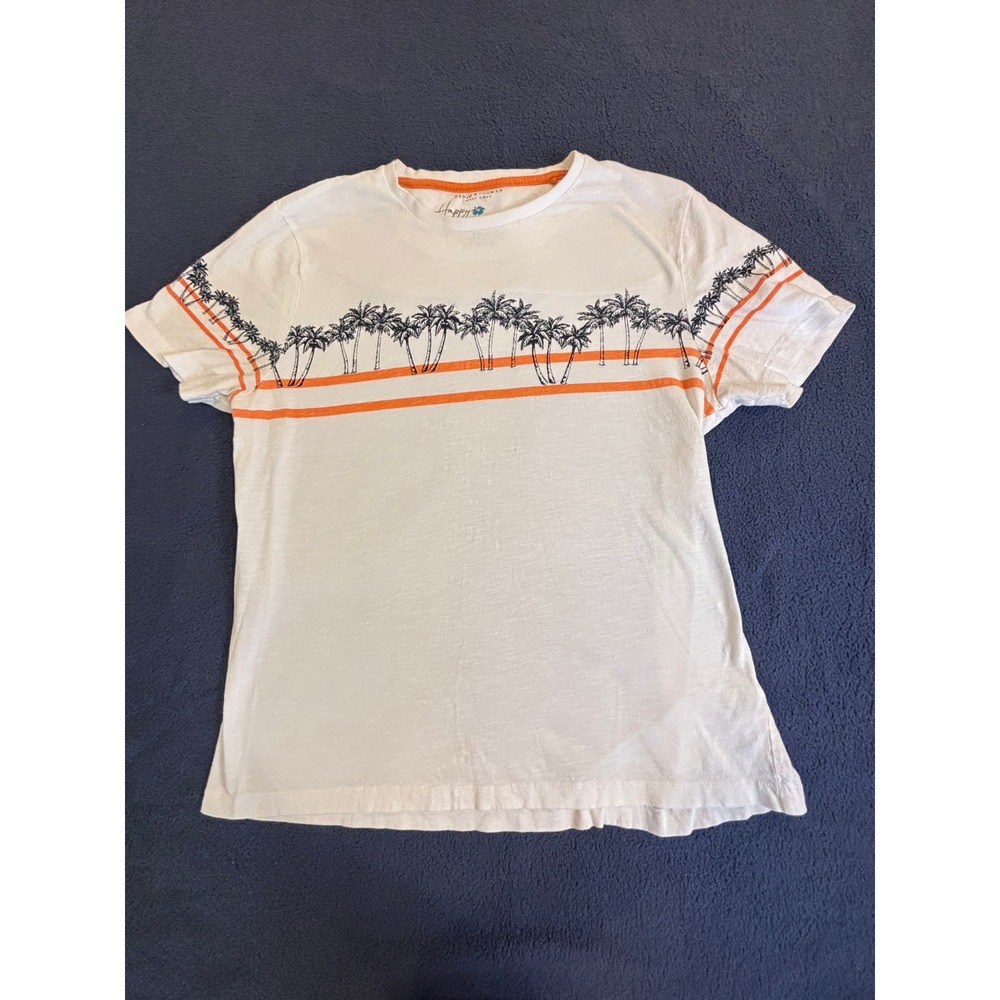 Denim & Flower Ricky Singh Mens XL White Palm Tree Graphic T-Shirt Orange Stripe